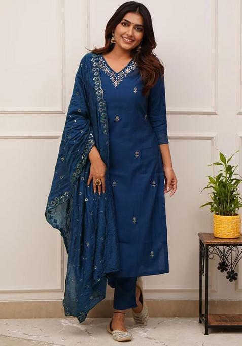 Blue Embroidery Crepe Kurta Set
