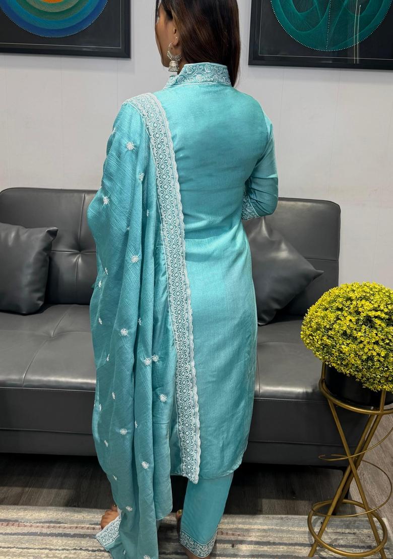 Sky Blue Embroidery Crepe Kurta Set - Indya