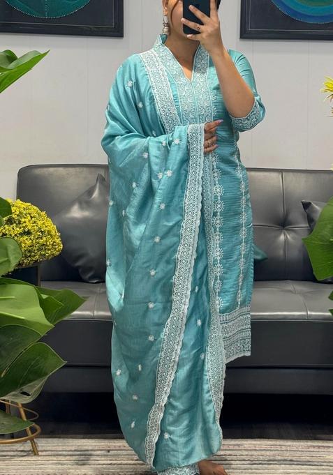 Sky Blue Embroidery Crepe Kurta Set