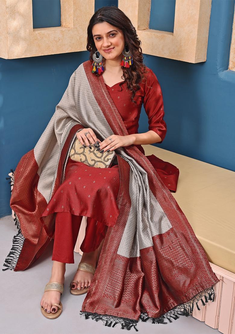 Maroon Embroidery Crepe Kurta Set - Indya