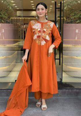 Orange Embroidery Crepe Kurta Set