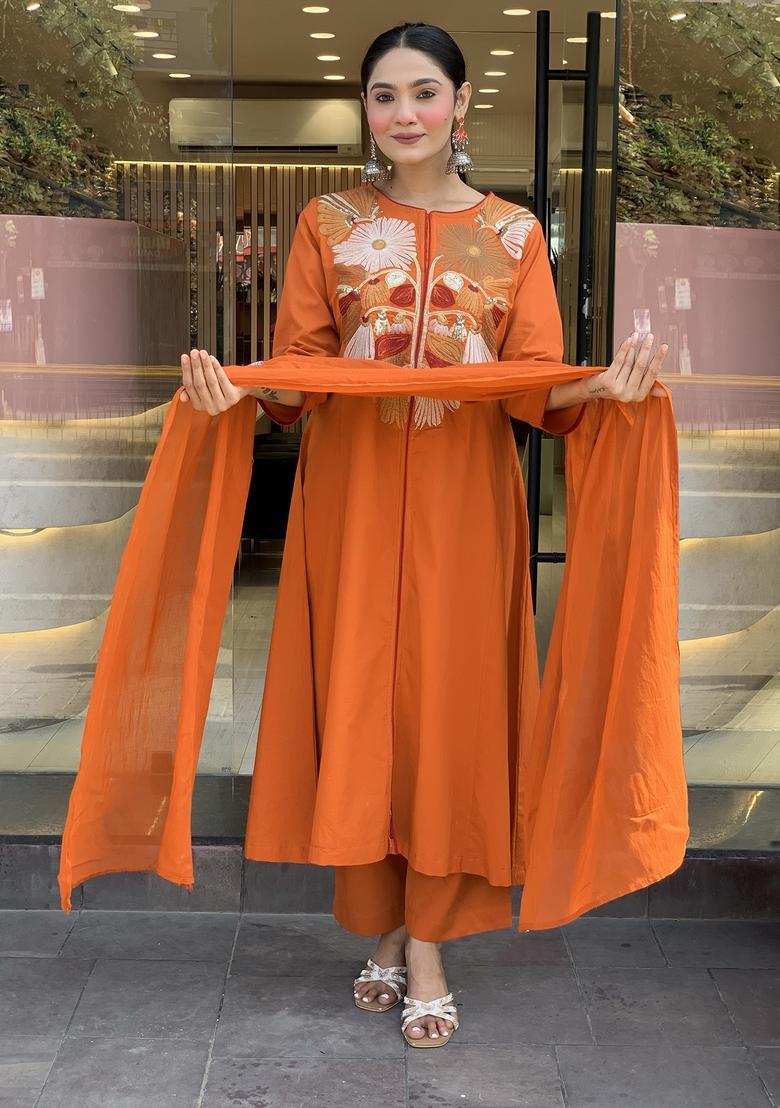 Orange Embroidery Crepe Kurta Set - Indya
