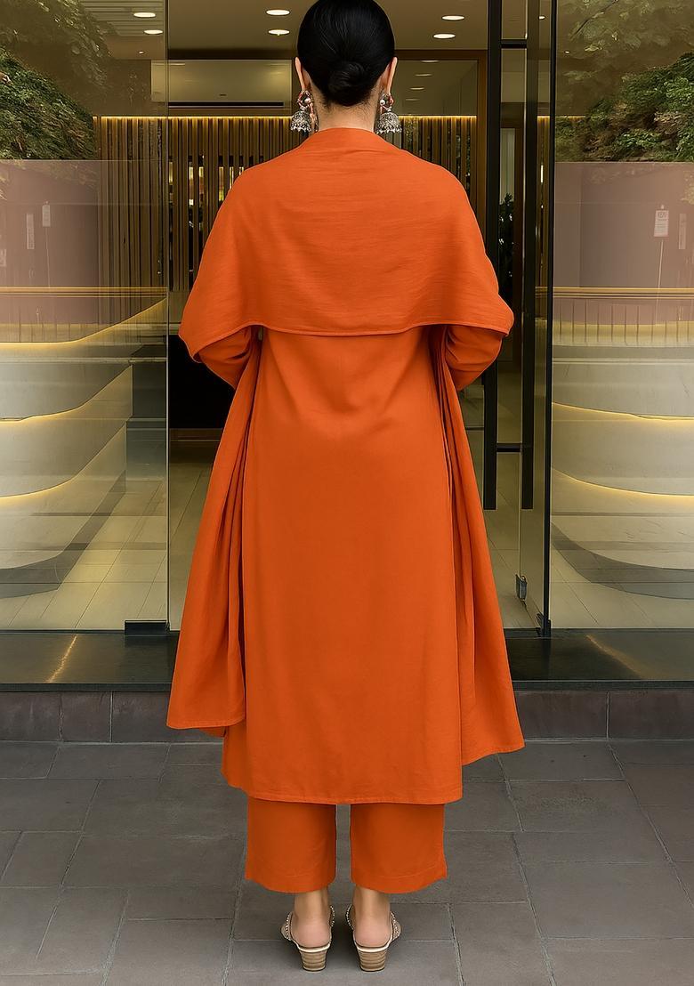 Orange Embroidery Crepe Kurta Set - Indya