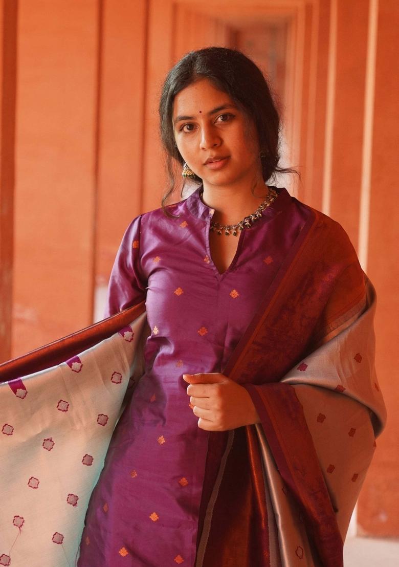 Purple Embroidery Crepe Kurta Set - Indya