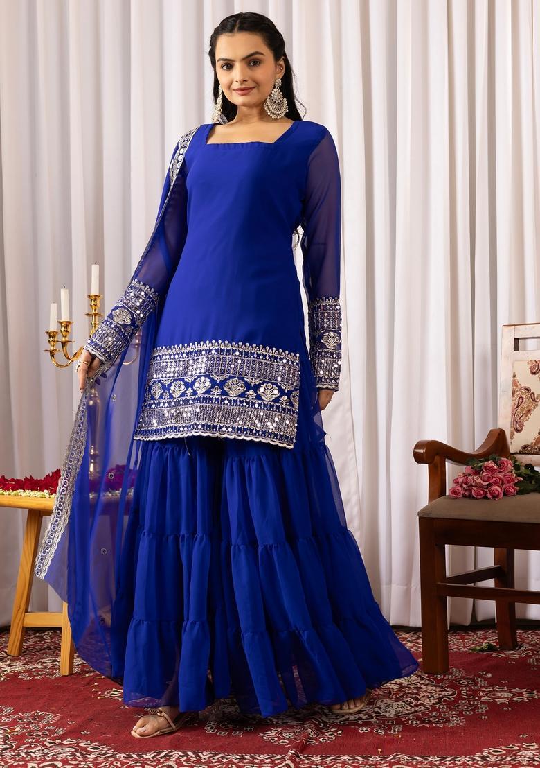 Blue Embroidery Crepe Kurta Set - Indya