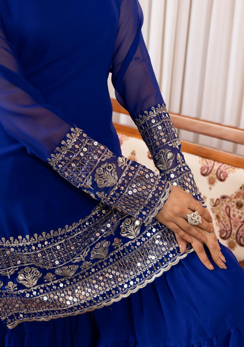 Blue Embroidery Crepe Kurta Set - Indya