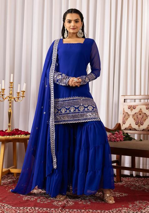 Blue Embroidery Crepe Kurta Set