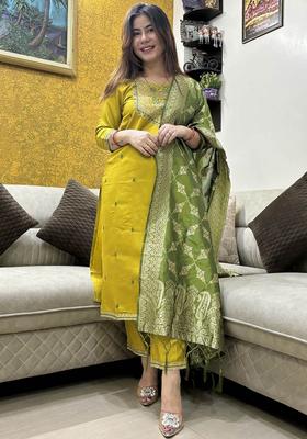 Mustard Embroidery Crepe Kurta Set