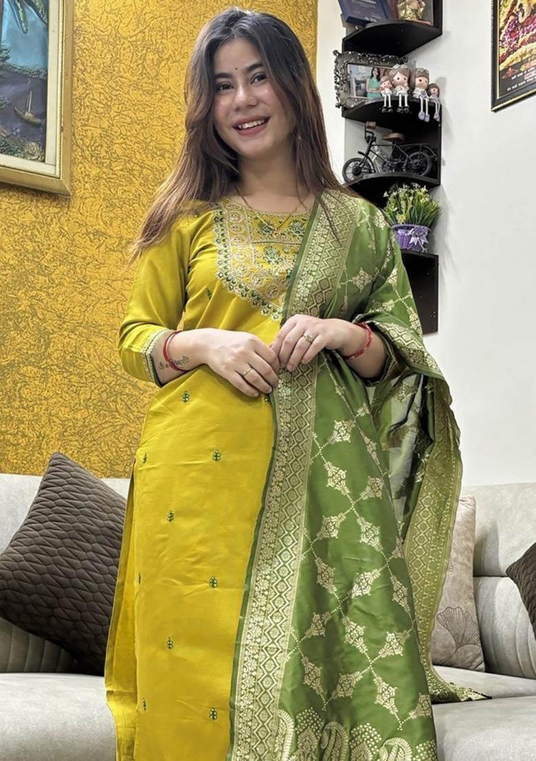 Mustard Embroidery Crepe Kurta Set - Indya