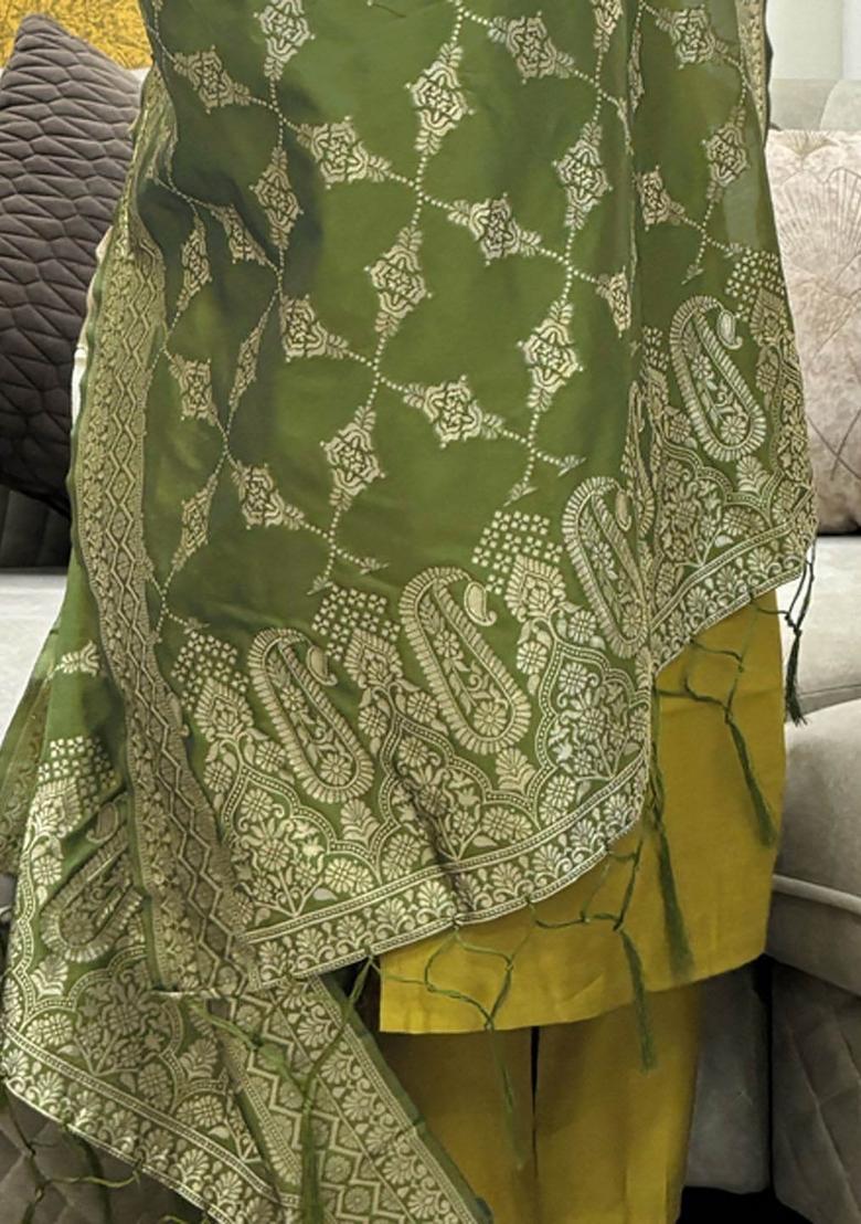 Mustard Embroidery Crepe Kurta Set - Indya