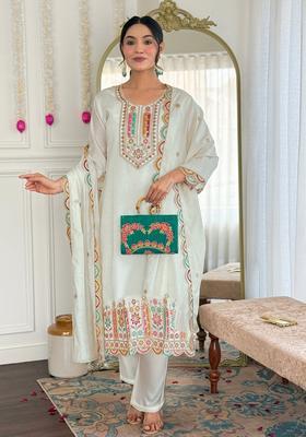 White Embroidery Crepe Kurta Set