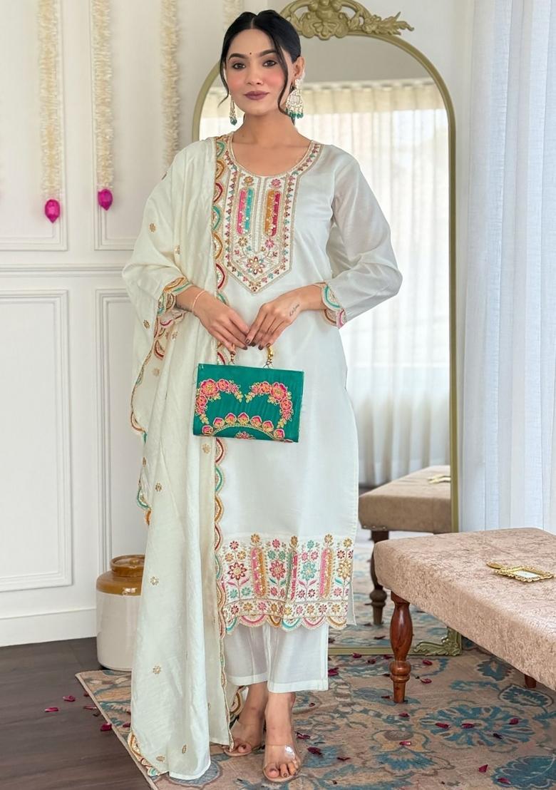 White Embroidery Crepe Kurta Set - Indya