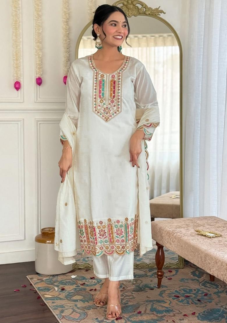 White Embroidery Crepe Kurta Set - Indya