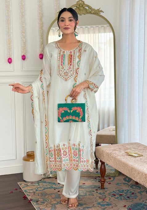 White Embroidery Crepe Kurta Set