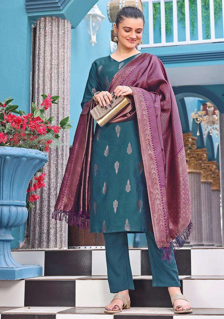 Blue Printed Crepe Straight Kurta Set - Indya