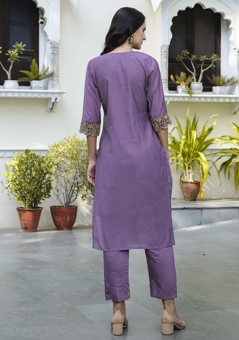 Lavender Embroidery Crepe Kurta Set - Indya