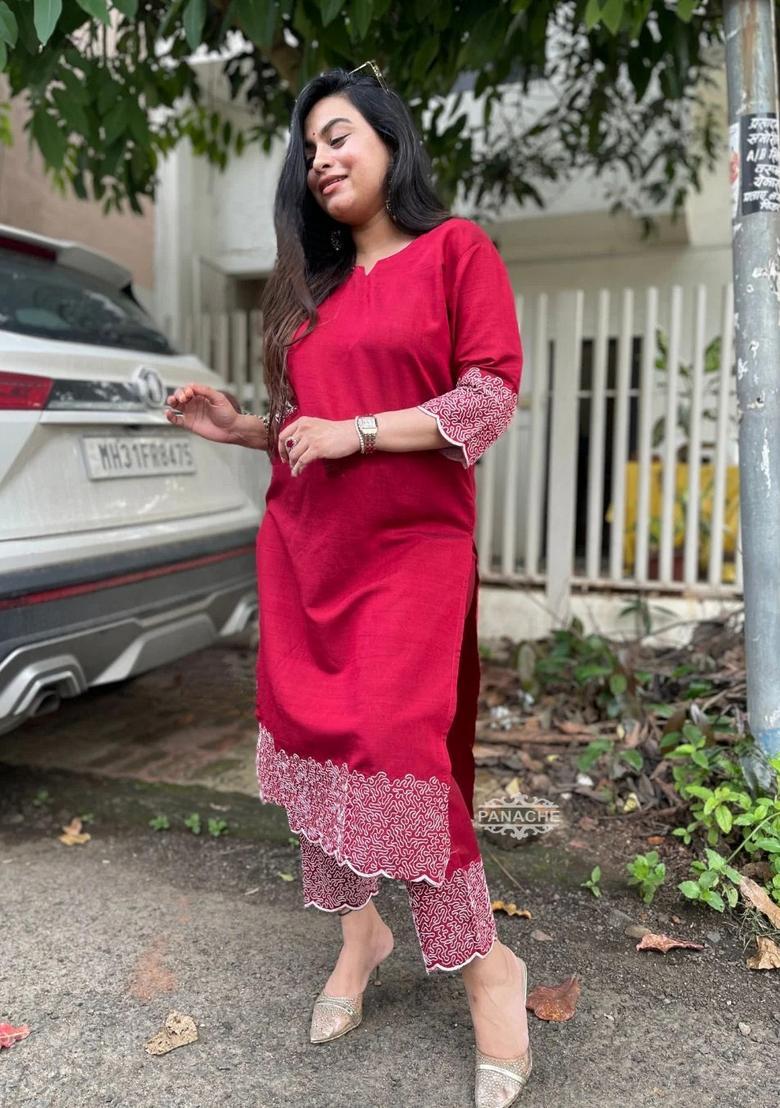 Pink Embroidery Crepe Kurta Set - Indya