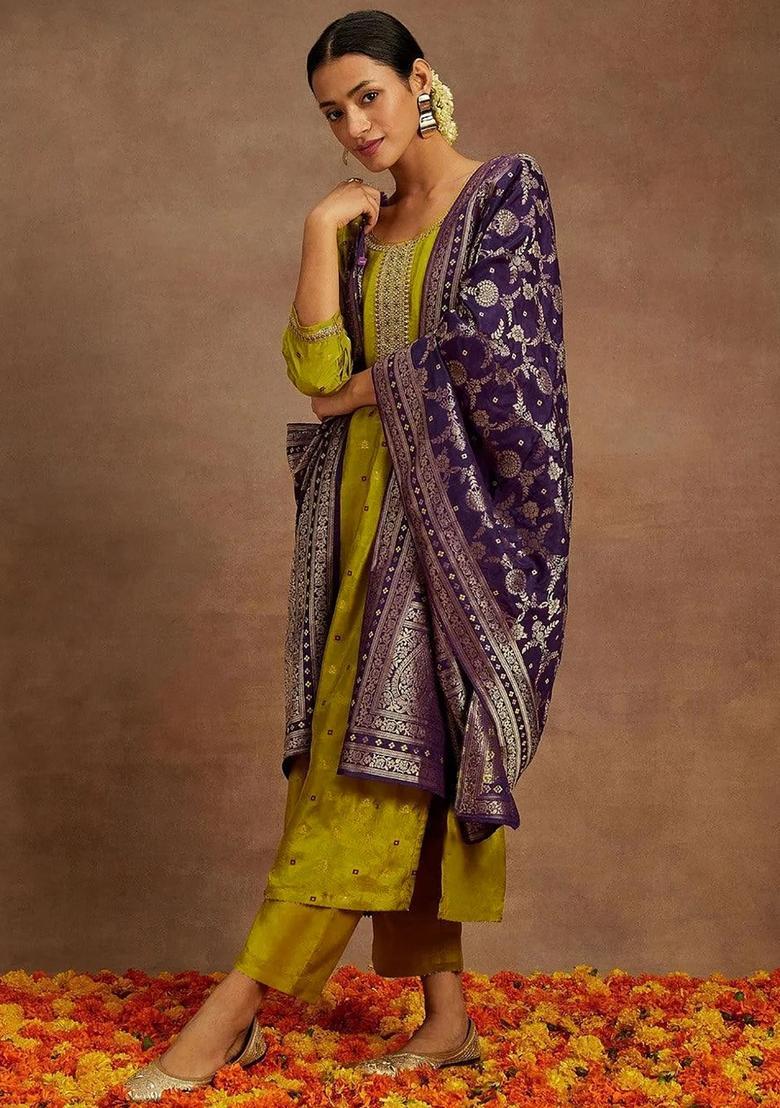 Mustard Embroidery Crepe Kurta Set - Indya