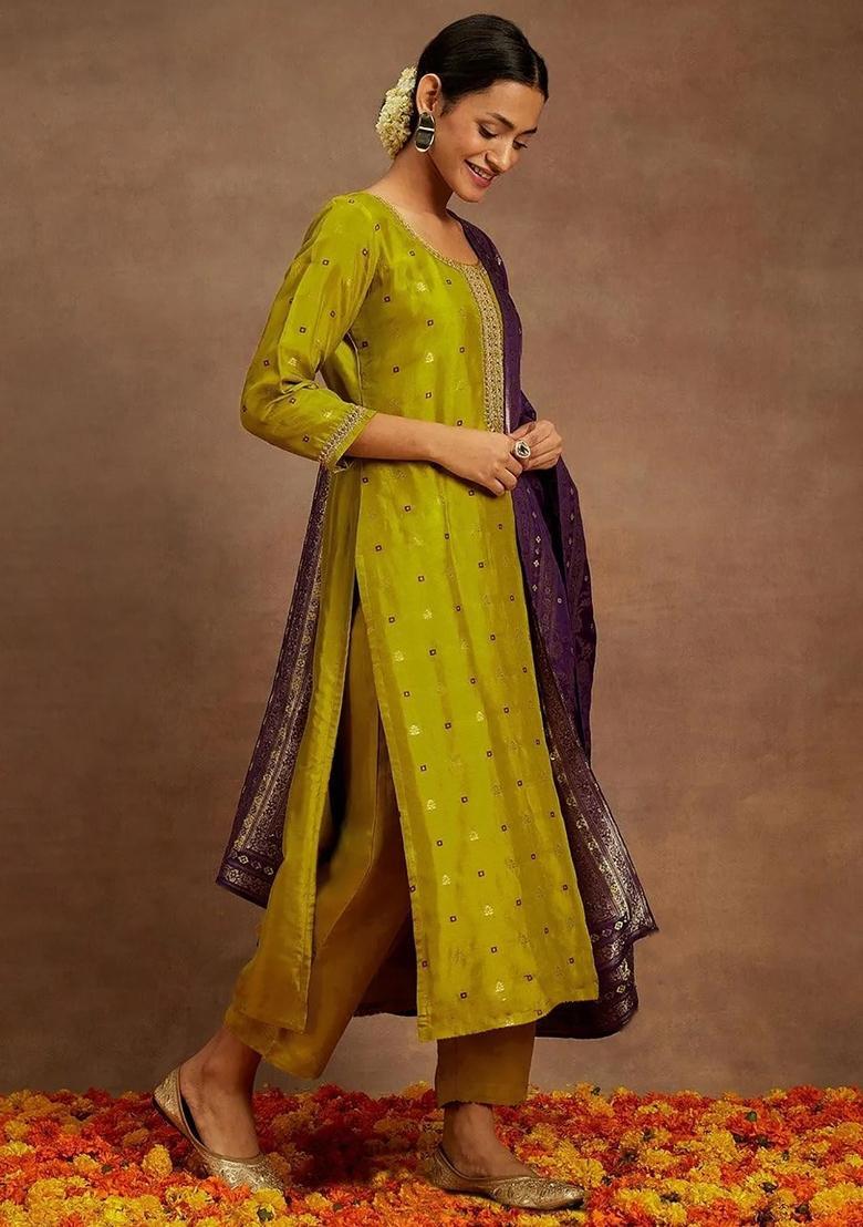 Mustard Embroidery Crepe Kurta Set - Indya