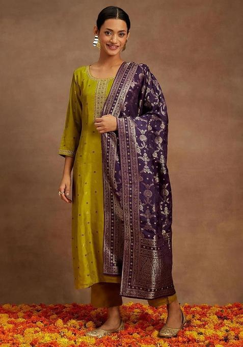 Mustard Embroidery Crepe Kurta Set