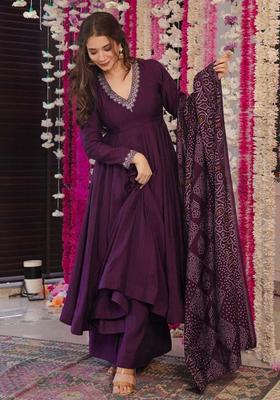 Wine Embroidery Crepe Kurta Set