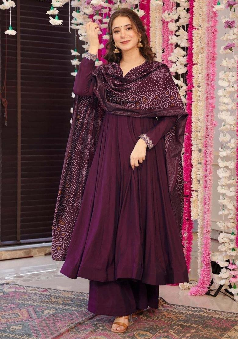 Wine Embroidery Crepe Kurta Set - Indya