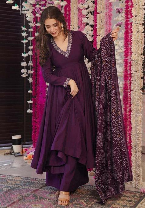 Wine Embroidery Crepe Kurta Set