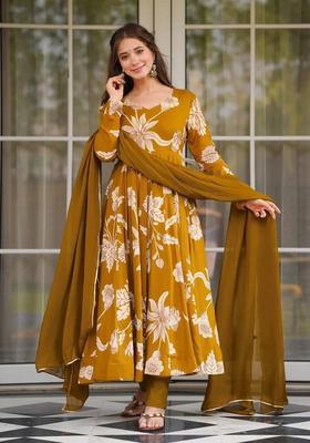 Yellow Embroidery Crepe Kurta Set