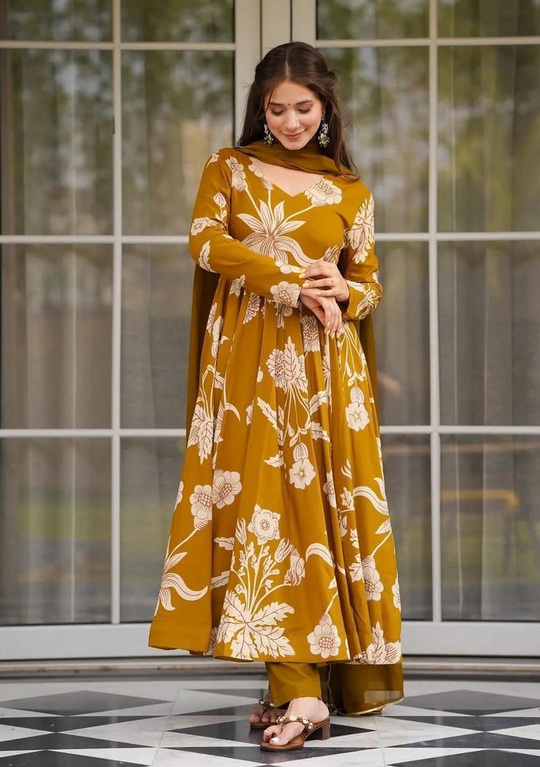 Yellow Embroidery Crepe Kurta Set - Indya