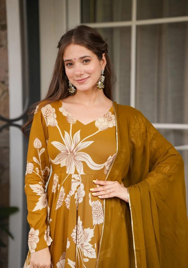 Yellow Embroidery Crepe Kurta Set - Indya