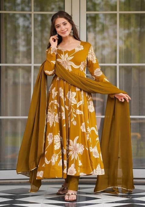 Yellow Embroidery Crepe Kurta Set
