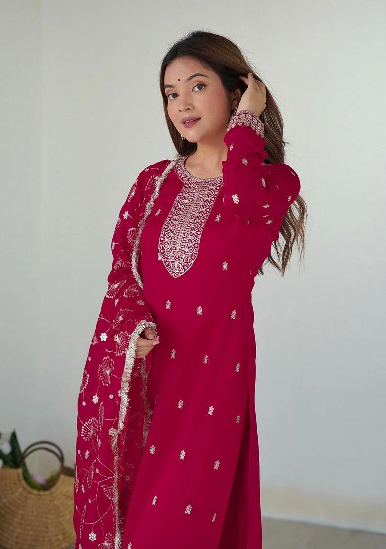 Pink Embroidery Crepe Kurta Set - Indya