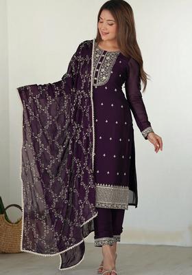 Purple Embroidery Crepe Kurta Set