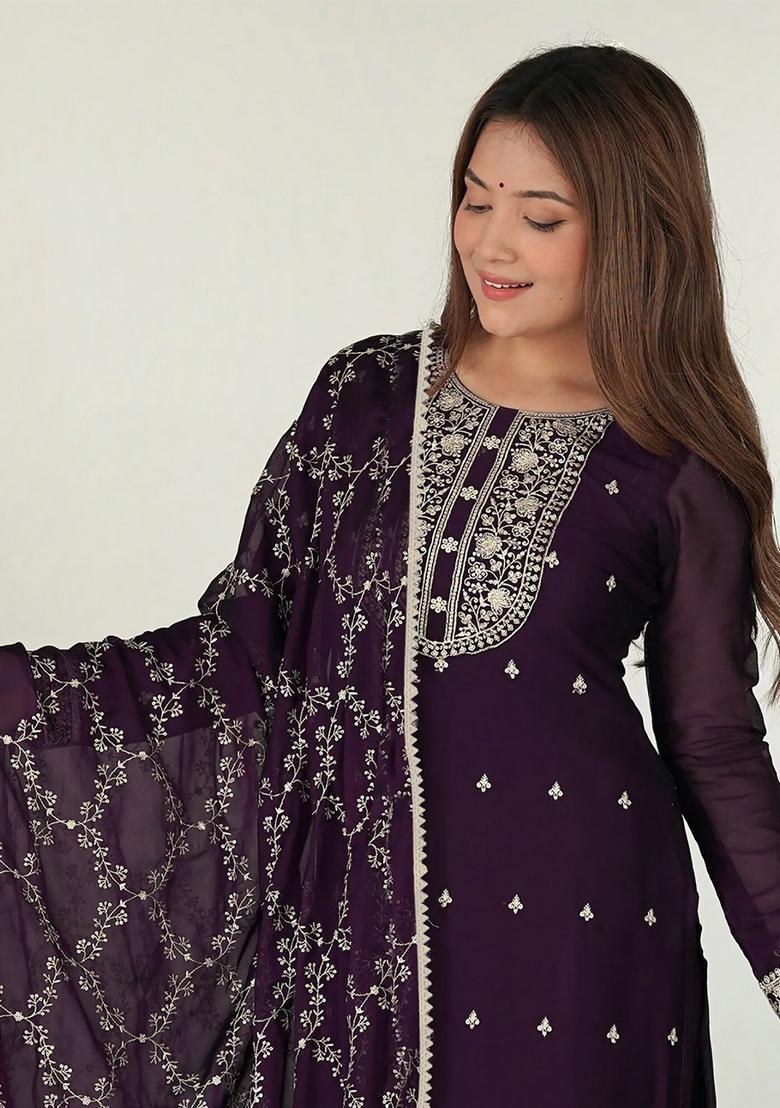 Purple Embroidery Crepe Kurta Set - Indya