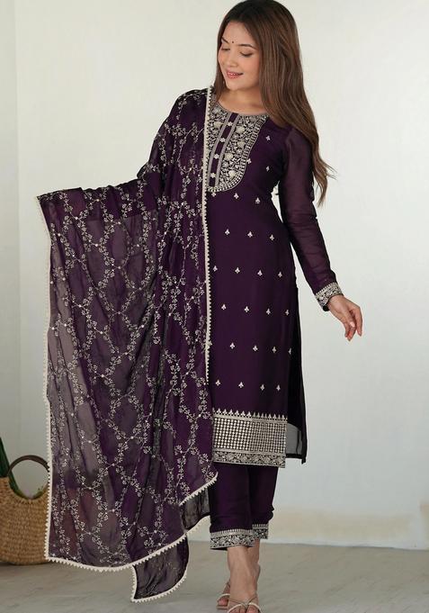 Purple Embroidery Crepe Kurta Set