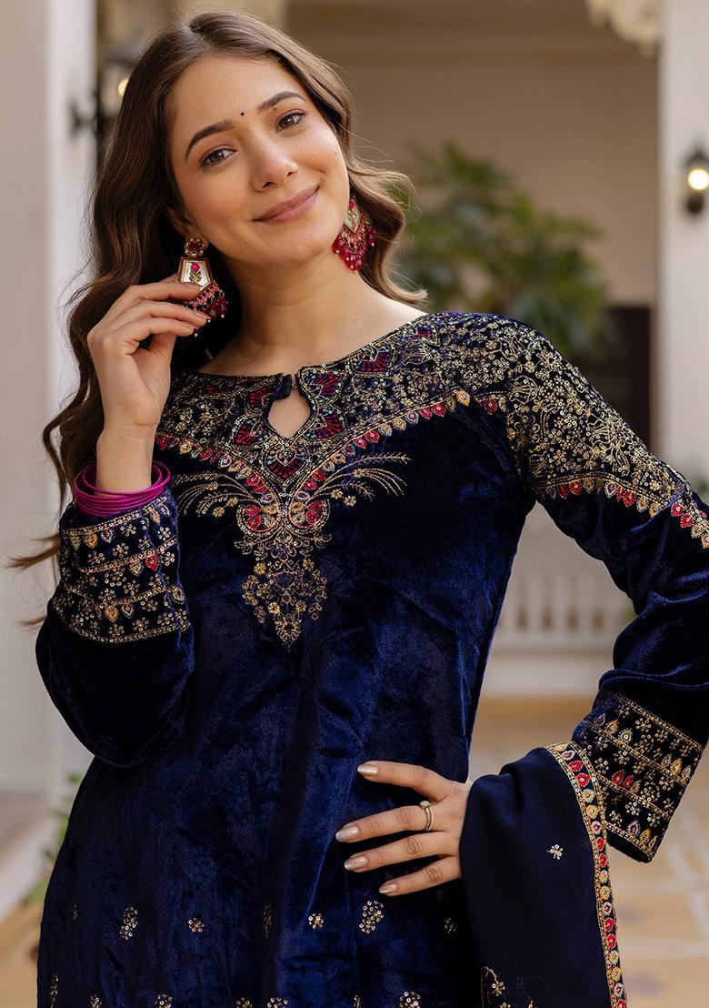 Blue Embroidery Velvet Kurta Set - Indya
