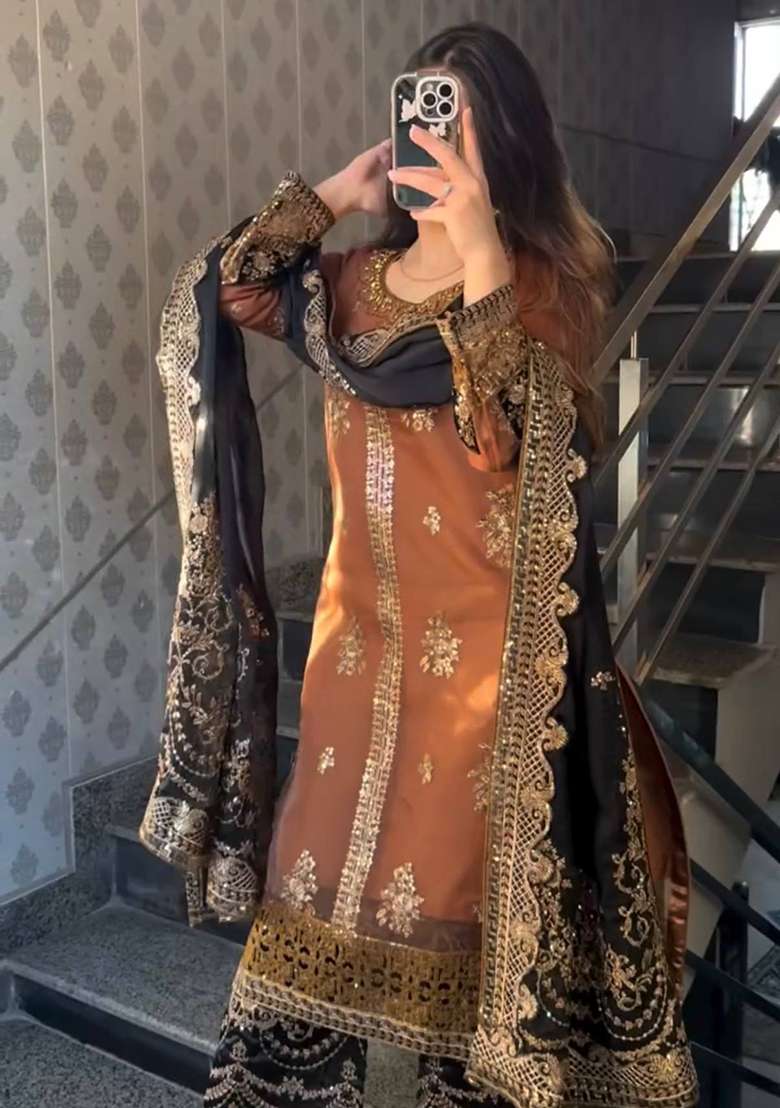 Gold Embroidered Velvet Straight Kurta Set - Indya