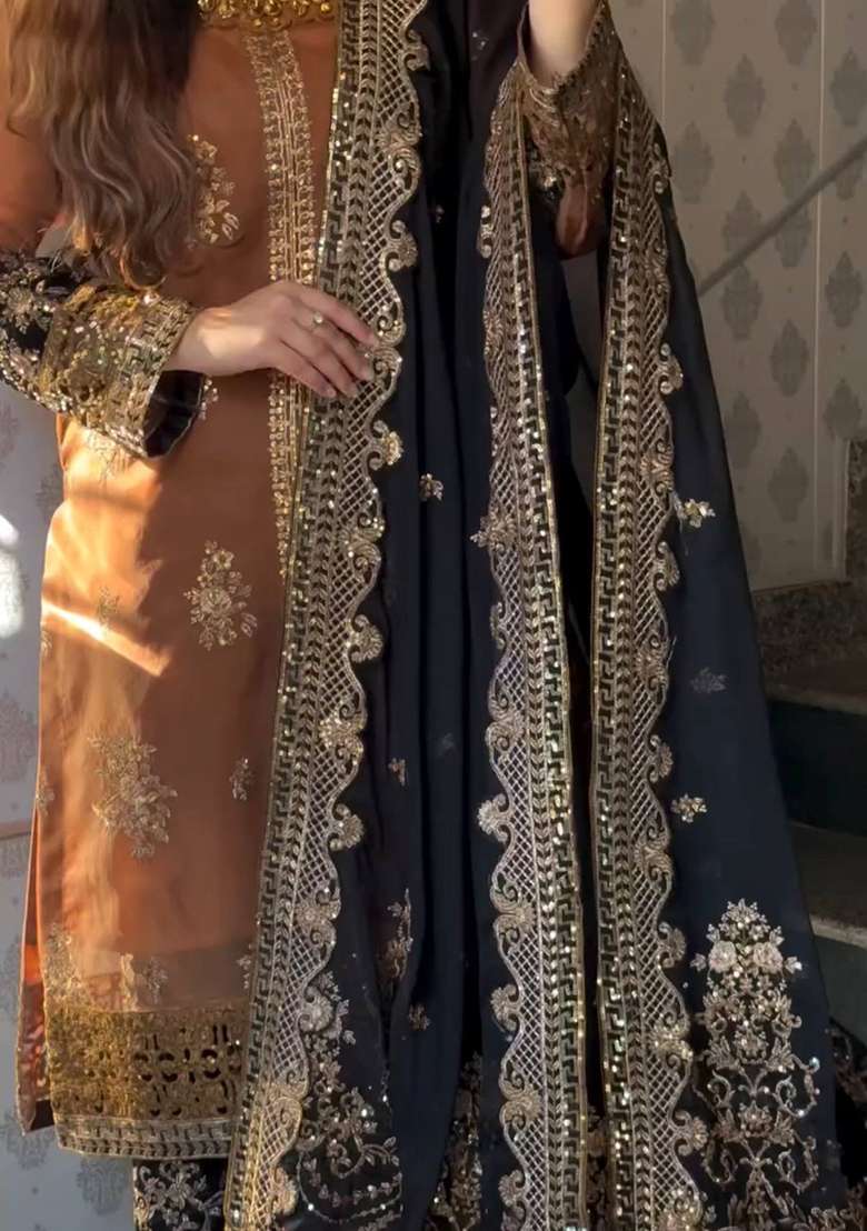 Gold Embroidered Velvet Straight Kurta Set - Indya