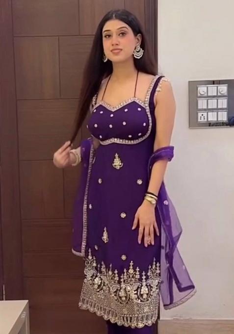 Wine Embroidery Velvet Kurta Set