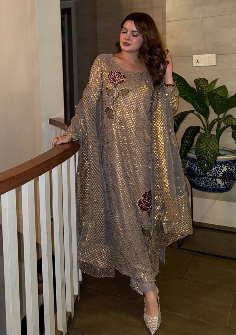 Gold Sequin Work Velvet Anarkali Set - Indya