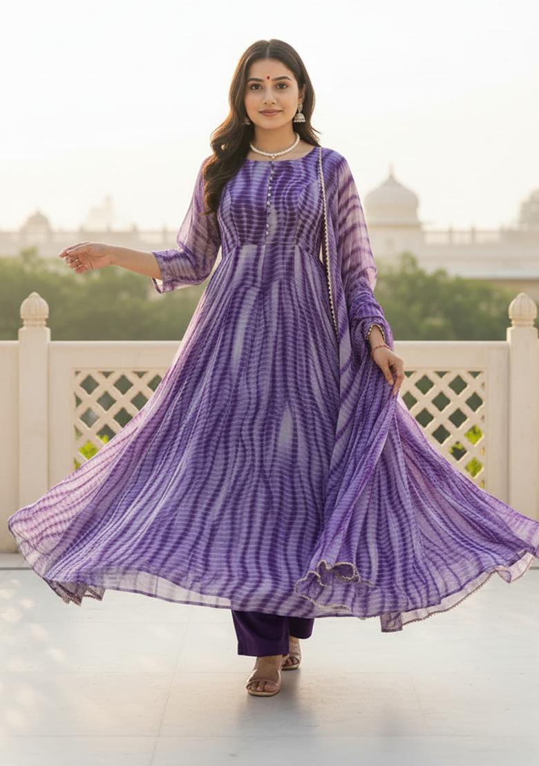 Purple Printed Georgette Kurta Set - Indya