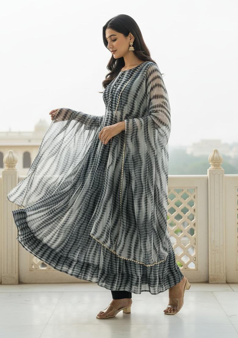Black Printed Georgette Kurta Set - Indya