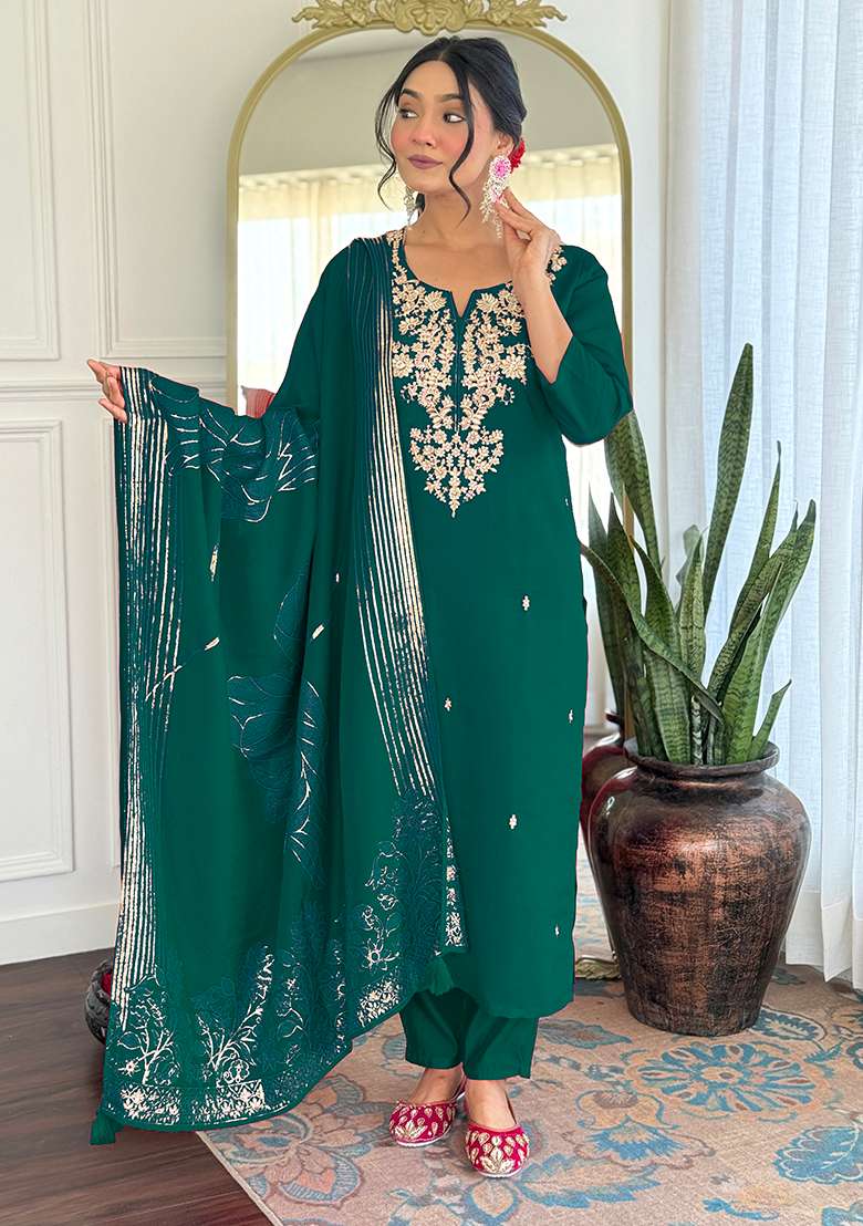 Green Embroidery Silk Kurta Set - Indya
