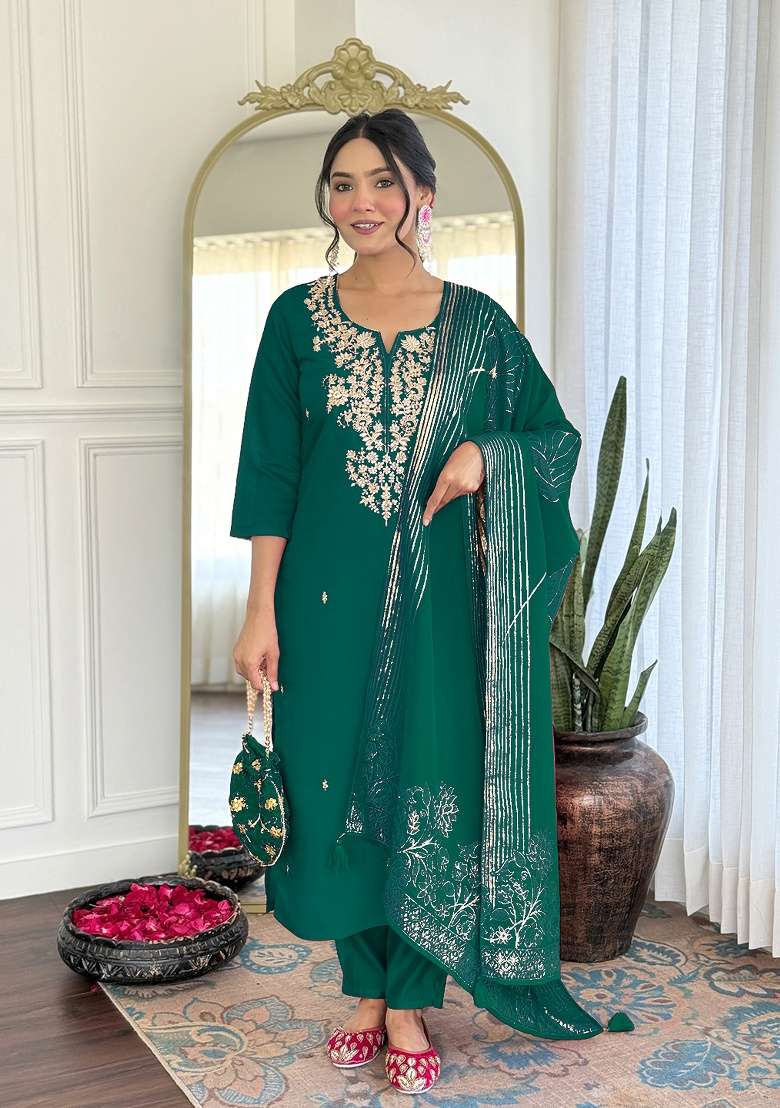 Green Embroidery Silk Kurta Set - Indya