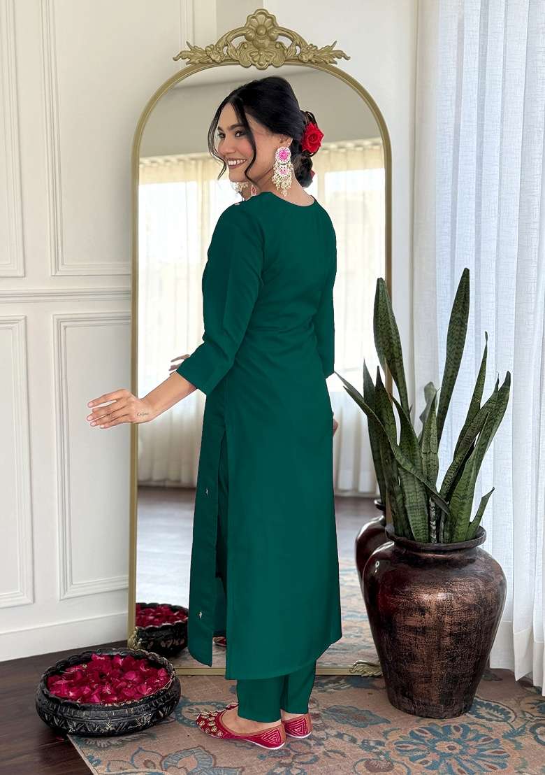 Green Embroidery Silk Kurta Set - Indya