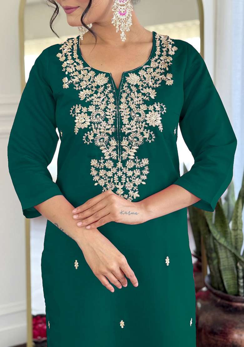 Green Embroidery Silk Kurta Set - Indya