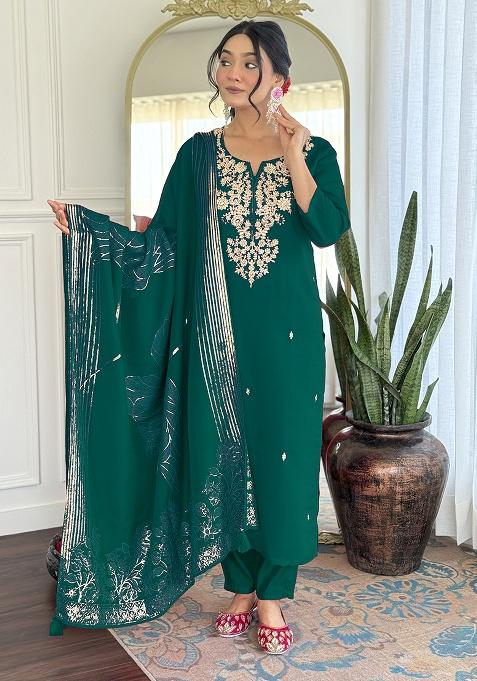 Green Embroidery Silk Kurta Set