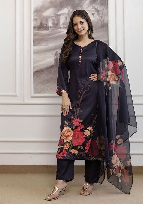 Black Printed Soft Assam Kurta Set