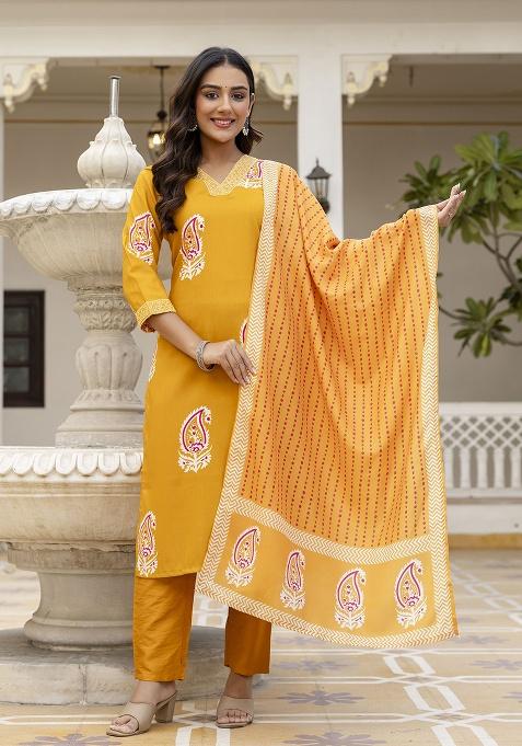 Yellow Printed Rayon Kurta Set