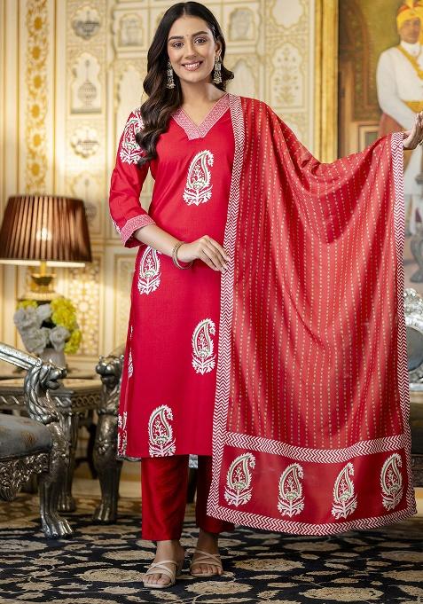 Red Printed Rayon Kurta Set